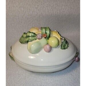 Vintage Fruit-Topped Covered Dish, Signed Oval Serving Bowl